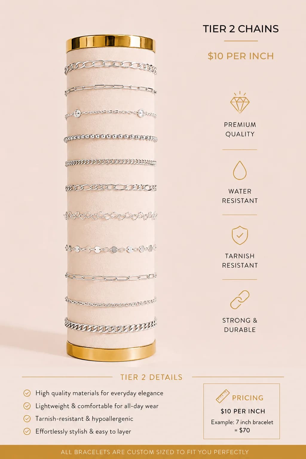 Tier 2 permanent jewelry bracelet chains, $10 per inch