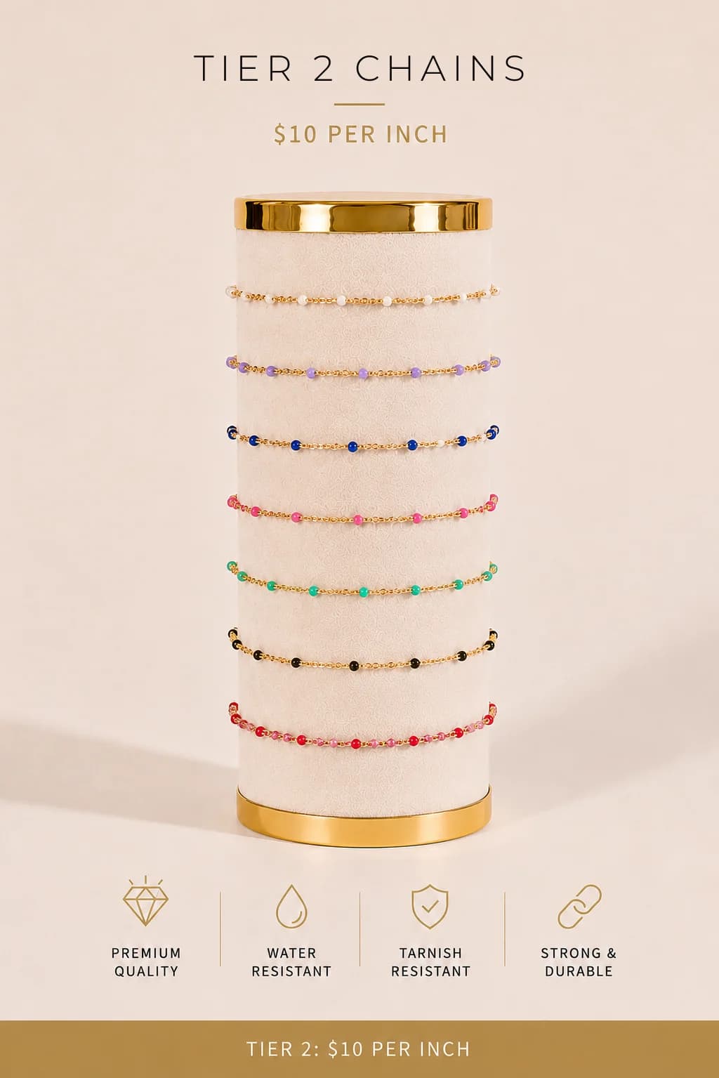 Tier 2 colorful beaded permanent jewelry bracelets, $10 per inch