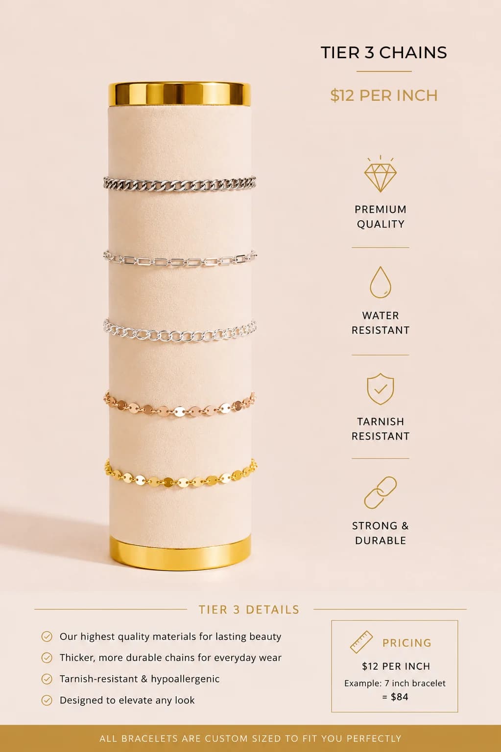 Tier 3 permanent jewelry bracelet chains, $12 per inch