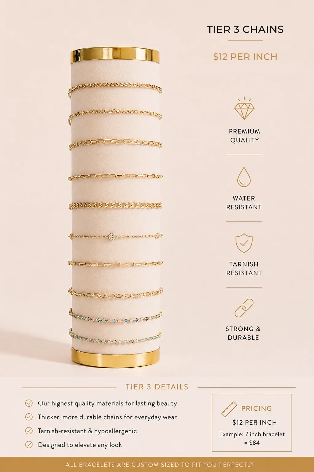 Tier 3 permanent jewelry bracelet chains, $12 per inch
