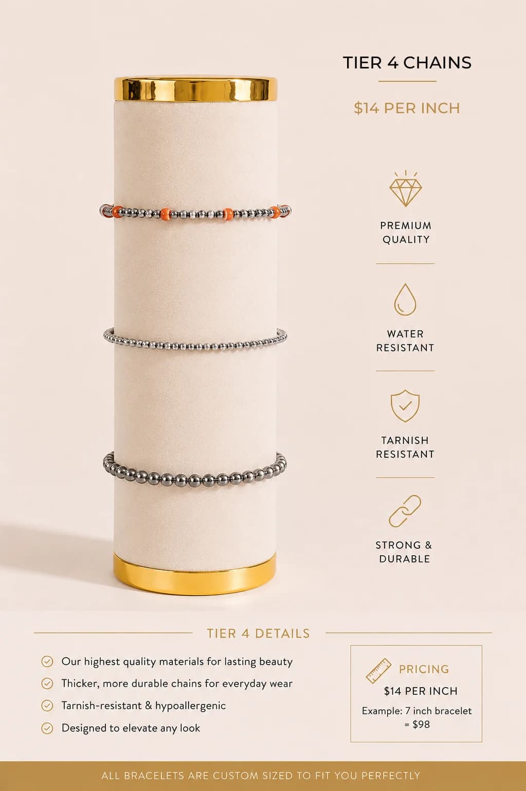 Tier 4 premium permanent jewelry bracelet chains, $14 per inch