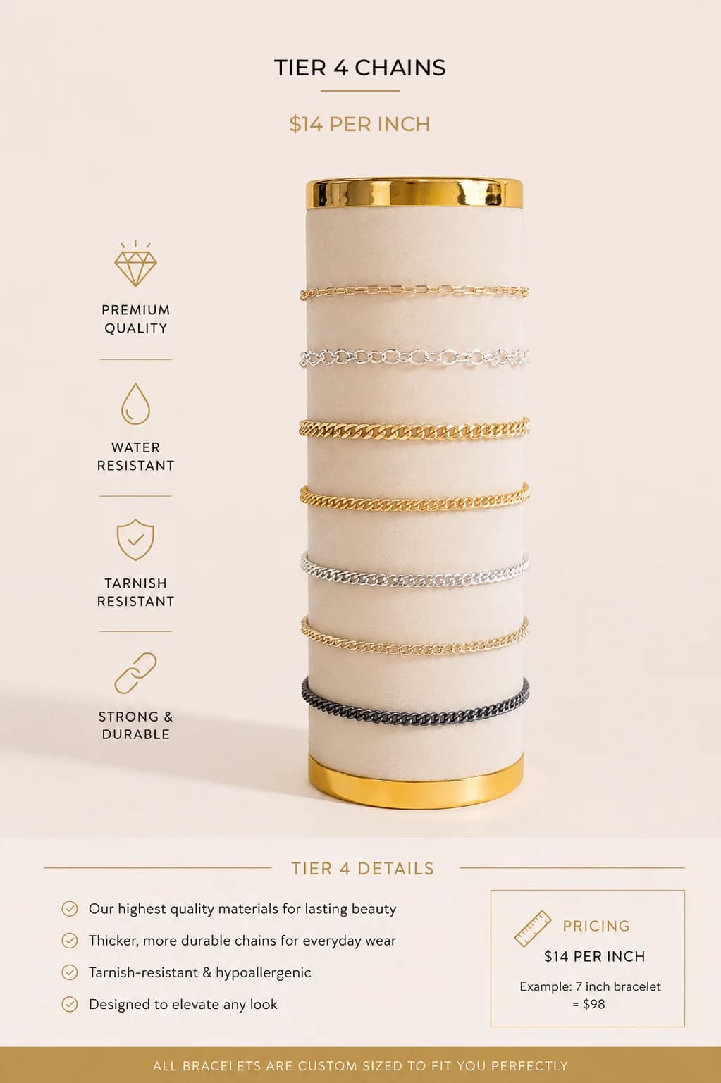 Tier 4 premium permanent jewelry bracelet chains, $14 per inch